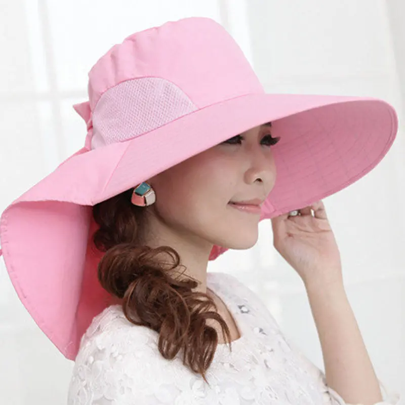 Women Wide Brim Bow Hat Foldable Sun Floppy Self-Tie Beach Cap 3