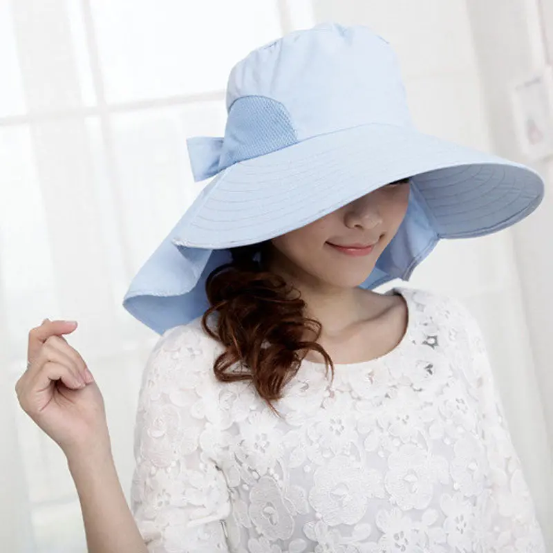 Women Wide Brim Bow Hat Foldable Sun Floppy Self-Tie Beach Cap 4