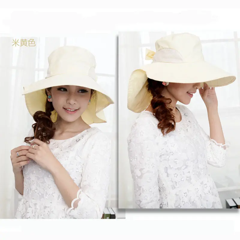 Women Wide Brim Bow Hat Foldable Sun Floppy Self-Tie Beach Cap 5