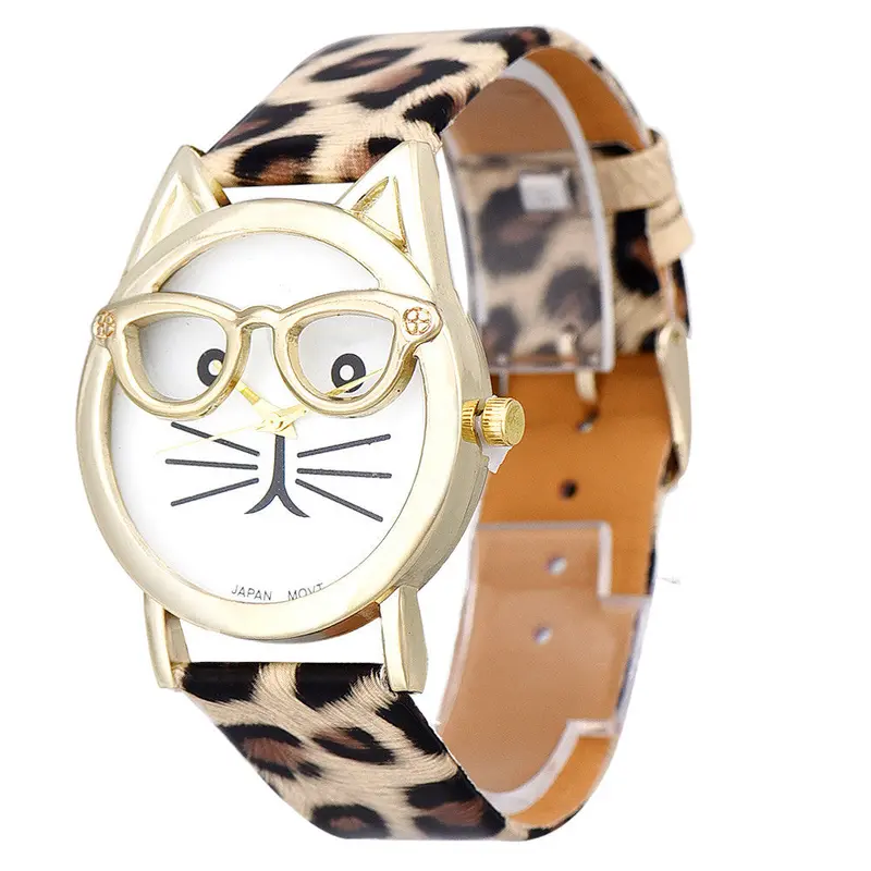 Women Wristwatch Casual Watches Cute Cartoon Pu Leather Dress Watch Cute Glasses Cat Women Quartz Clock Montre 1