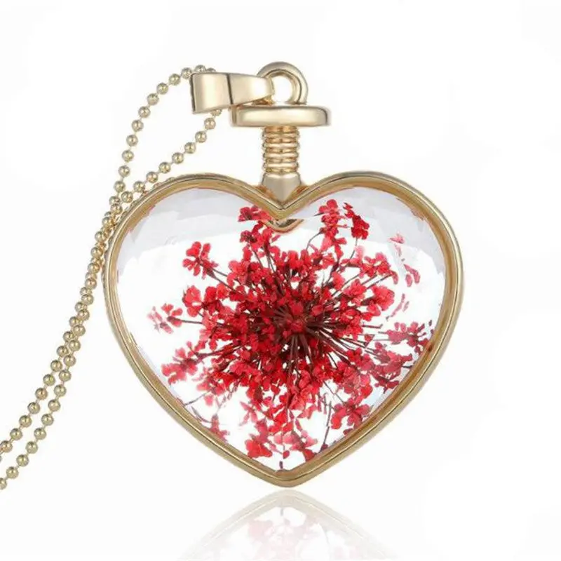 Womenornaments Jewelry Sweet Girls Women Dry Flower Heart Love Glass Wishing Bottle Pendant Necklace Gift 1