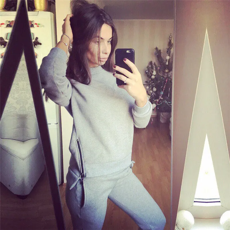 Women's 2Piece Solid Women Warm Tracksuits Suit O-Neck Long Sleeve Women Hoodies With Irregular Zipper Sportwear Lx072 1