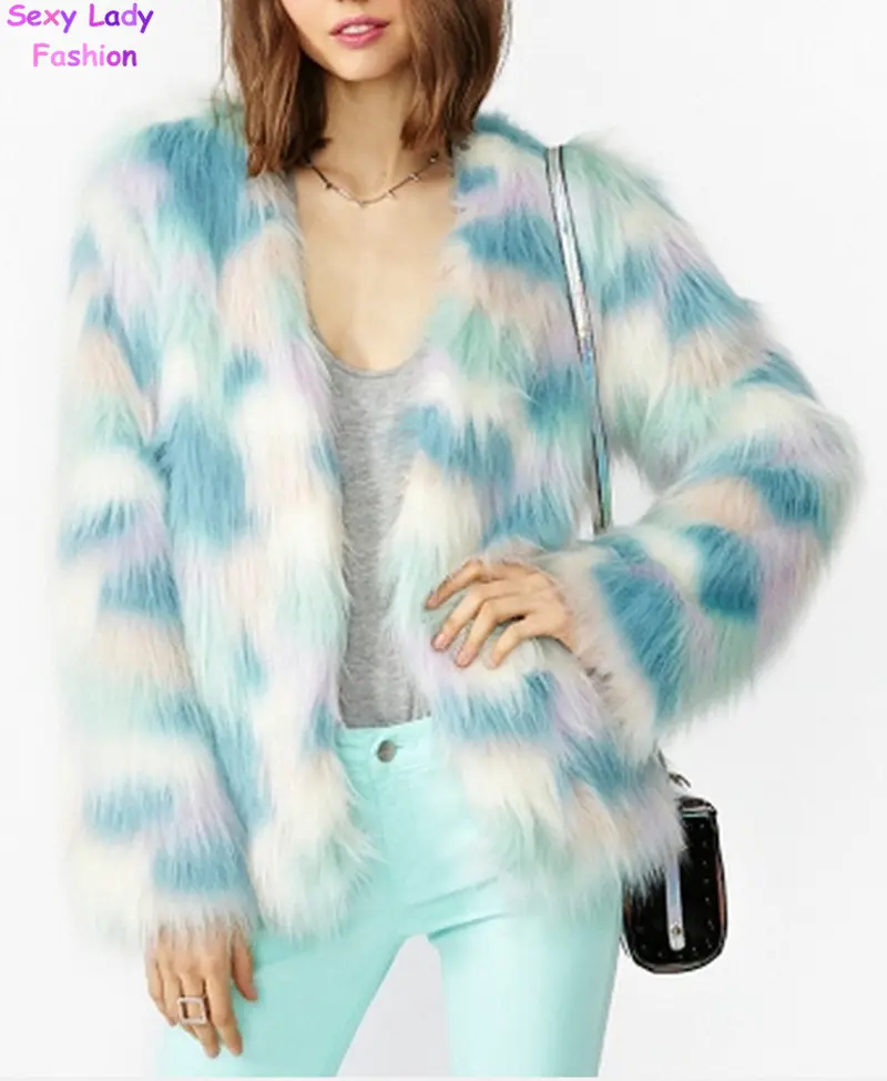 Women's 4 Inches Long Hairy Faux Fur Mixed Colors Rainbow Blooming Gradual Color Jacket Coat Long Sleeve Shaggy Outwear 2