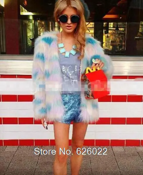 Women's 4 Inches Long Hairy Faux Fur Mixed Colors Rainbow Blooming Gradual Color Jacket Coat Long Sleeve Shaggy Outwear 3