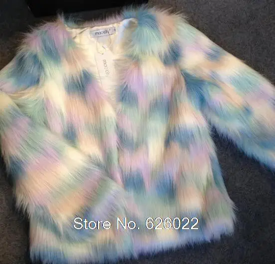Women's 4 Inches Long Hairy Faux Fur Mixed Colors Rainbow Blooming Gradual Color Jacket Coat Long Sleeve Shaggy Outwear 4
