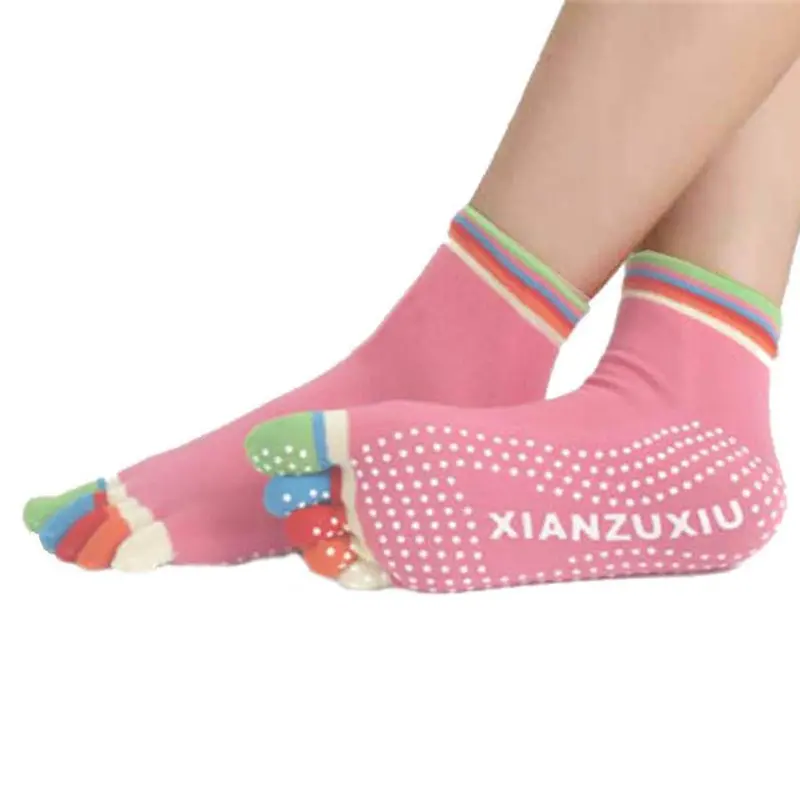 Womens 5-Toe Colorful Exercise Non Slip Massage Toe Socks With Full Grip Pilates Socks 2