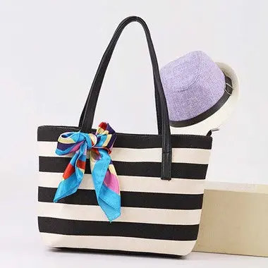 Women's Bag Designer Handbags Canvas Stripe Silk Scarf Bags Handbags Casual Tote Shoulder Bag 1