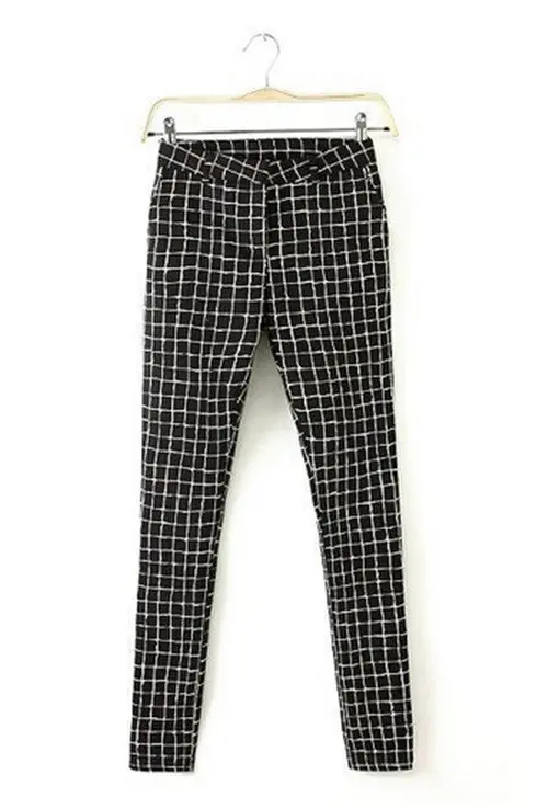 Women's Black & White Contrast Color Plaid Print Slim Fit Casual Pancil Pants Long Trousers 1