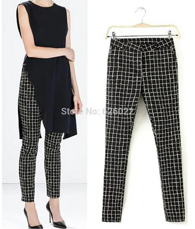 Women's Black & White Contrast Color Plaid Print Slim Fit Casual Pancil Pants Long Trousers 2