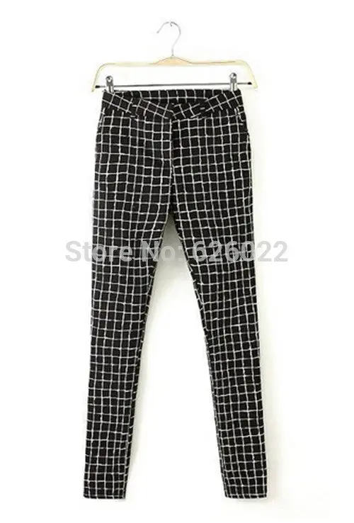 Women's Black & White Contrast Color Plaid Print Slim Fit Casual Pancil Pants Long Trousers 3