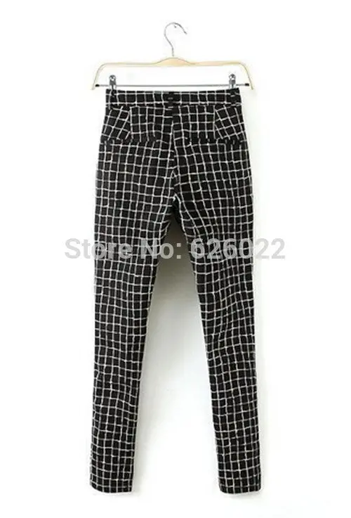 Women's Black & White Contrast Color Plaid Print Slim Fit Casual Pancil Pants Long Trousers 4