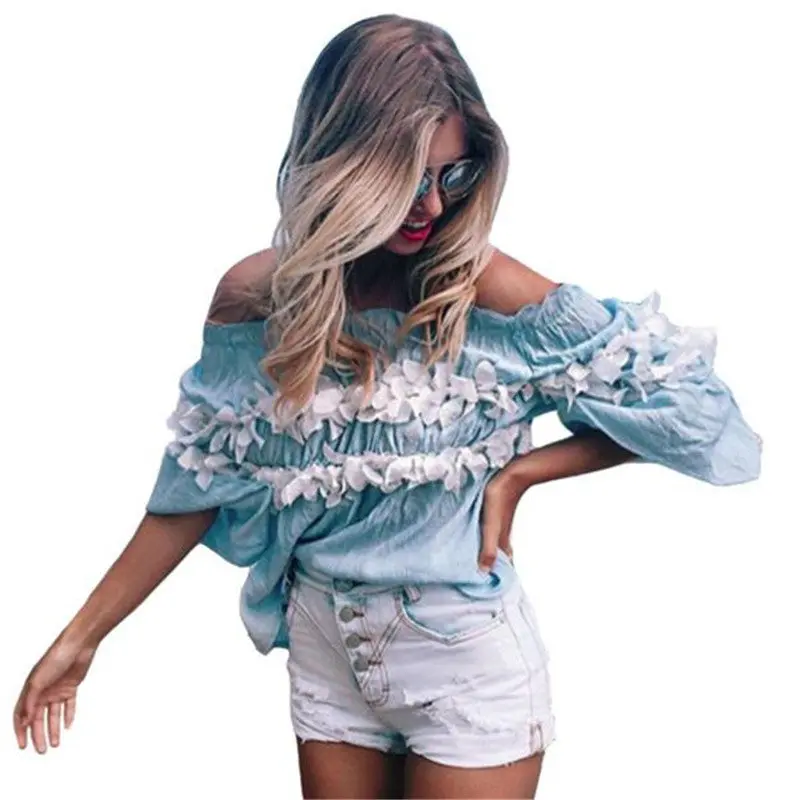 Women's Blouses Beach Women Tops Cute Flowers Off Shoulder Blouses And Shirts Slash Neck Flare Sleeve Shirt 2