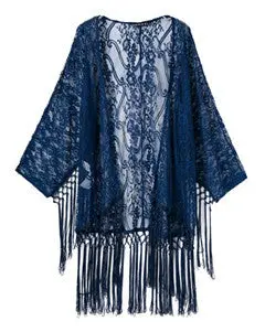 Women's Blue Lace Crochet Embroidered Loose Kimono Cardigan Tassels Long Sleeve Shirts No Button Blouses Tops 1