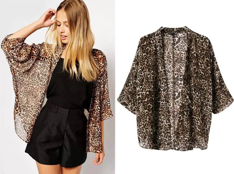 Women's Bohemia Vintage Sexy Boho Leopard Print Kimono Loose Chiffon Blouse Shirt Tops 2