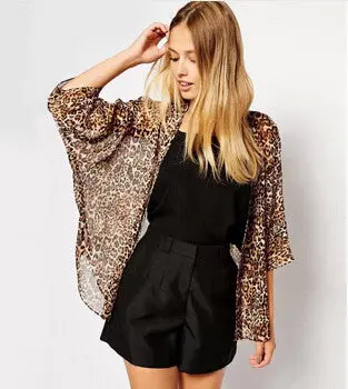 Women's Bohemia Vintage Sexy Boho Leopard Print Kimono Loose Chiffon Blouse Shirt Tops 3
