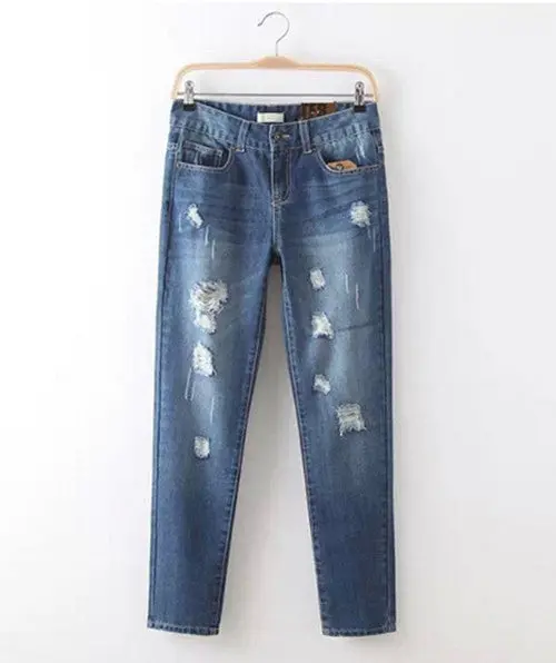 Women's Boyfriend Distrressed Knee Big Hole Washed Denim Ripped Loose Harem Pants Casual Jeans Leisure Long Trousers 1