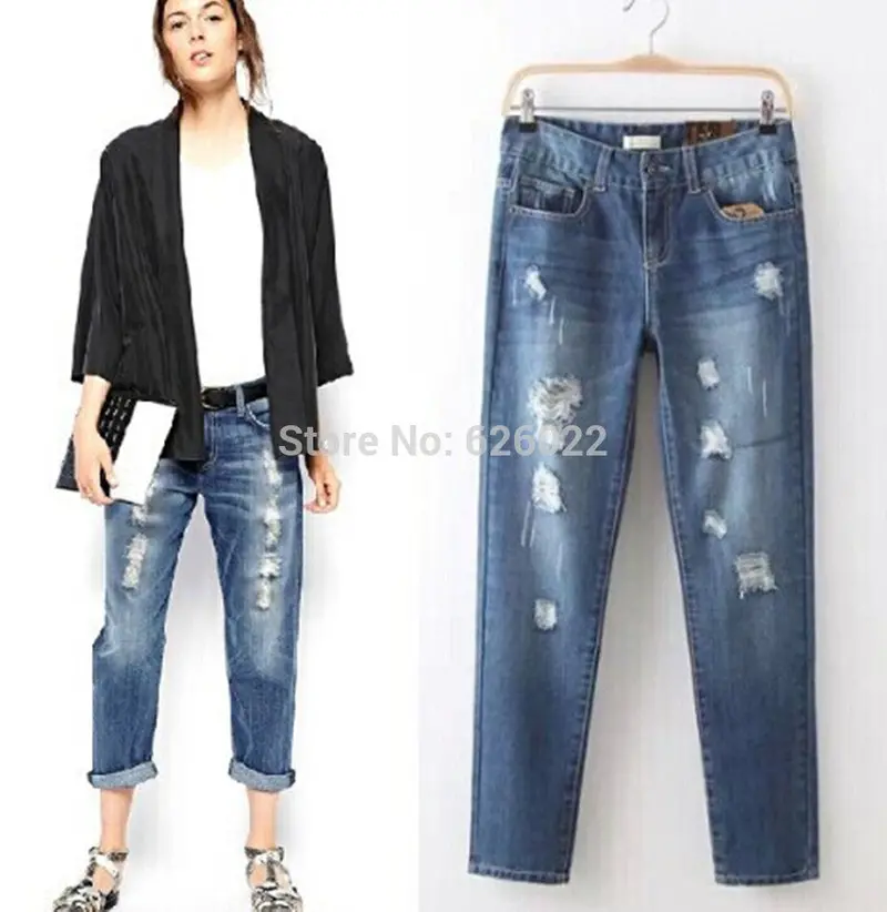 Women's Boyfriend Distrressed Knee Big Hole Washed Denim Ripped Loose Harem Pants Casual Jeans Leisure Long Trousers 5