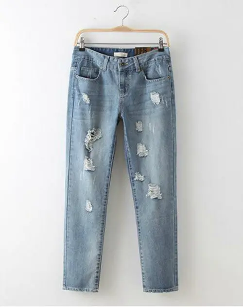 Women's Boyfriend Distrressed Knee Big Hole Washed Denim Ripped Loose Harem Pants Casual Jeans Leisure Long Trousers 6