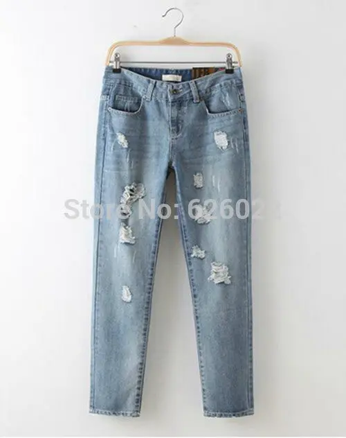Women's Boyfriend Distrressed Knee Big Hole Washed Denim Ripped Loose Harem Pants Casual Jeans Leisure Long Trousers 6
