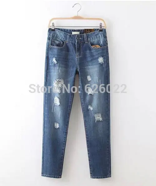 Women's Boyfriend Distrressed Knee Big Hole Washed Denim Ripped Loose Harem Pants Casual Jeans Leisure Long Trousers 7
