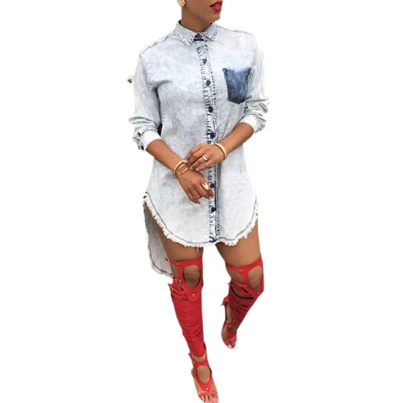 Womens Casual Blue Denim Jeans Shirt Blouse Top Party Club Mini Dress Long Sleeve Shirt Dress1stl 1