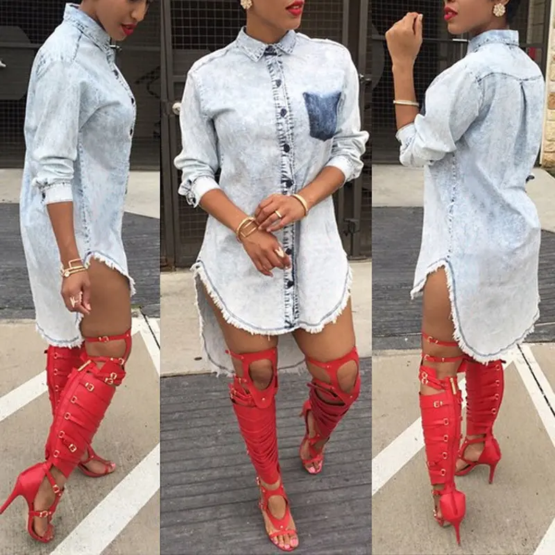 Womens Casual Blue Denim Jeans Shirt Blouse Top Party Club Mini Dress Long Sleeve Shirt Dress1stl 2