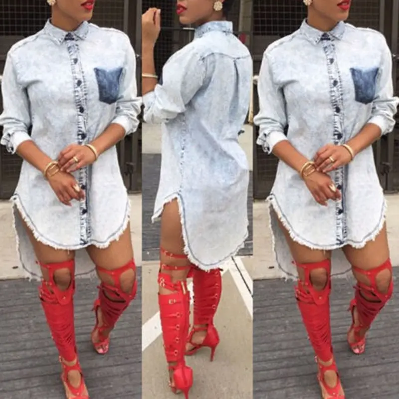 Womens Casual Blue Denim Jeans Shirt Blouse Top Party Club Mini Dress Long Sleeve Shirt Dress1stl 3