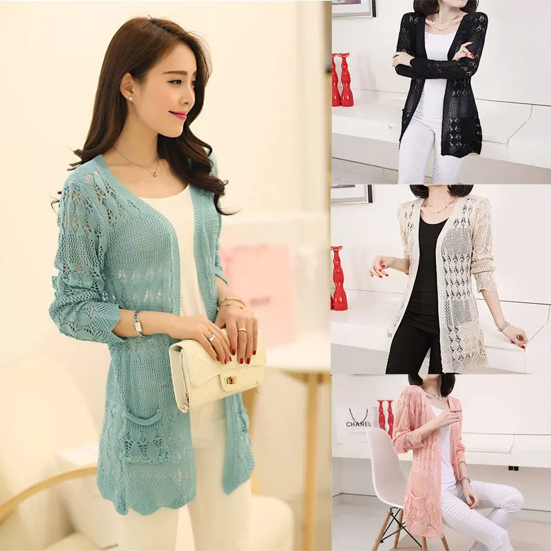 Womens Casual Long Sleeve Cardigan Hollow Knit Knitwear Sweater Coat Outwear 1