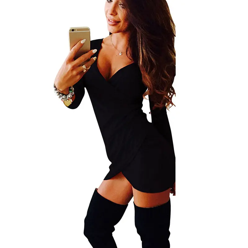 Womens Casual Long Sleeve Party Gown Mini Dress Black Red V-Neck Dress 1
