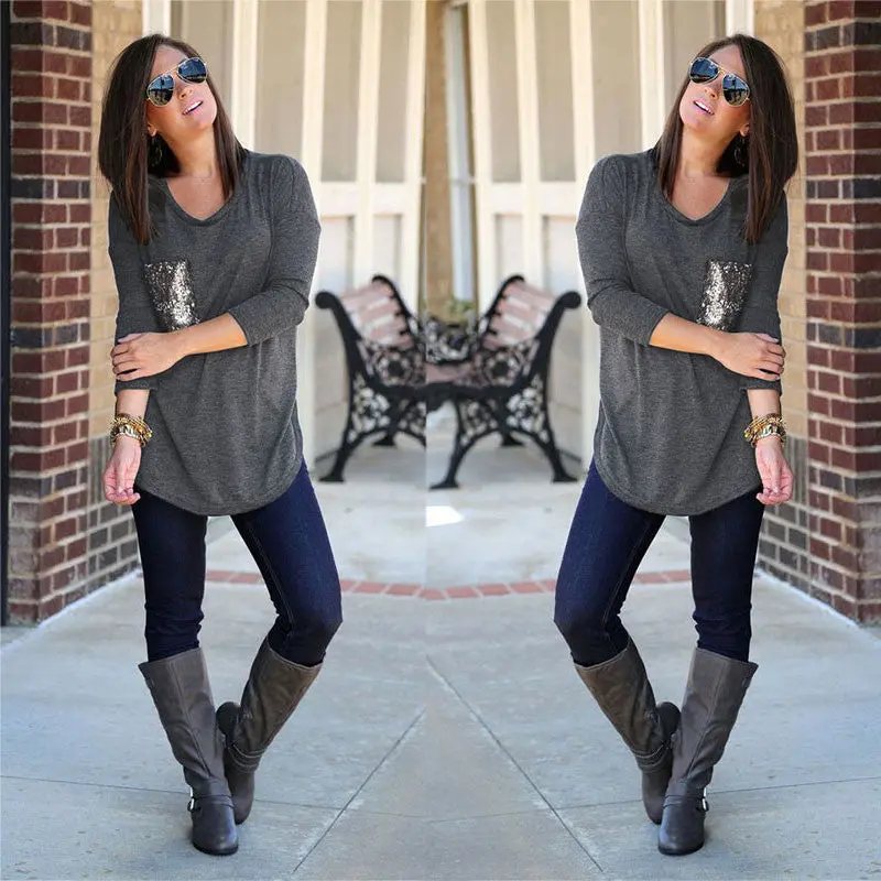 Women's Casual Sequins Pocket T Shirt O Neck Long Sleeve Loose Tops Pullover Solid T-Shirts Plus Size M0185 1