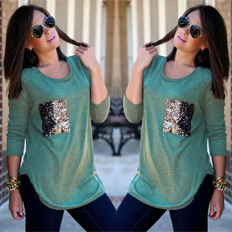 Women's Casual Sequins Pocket T Shirt O Neck Long Sleeve Loose Tops Pullover Solid T-Shirts Plus Size M0185 6