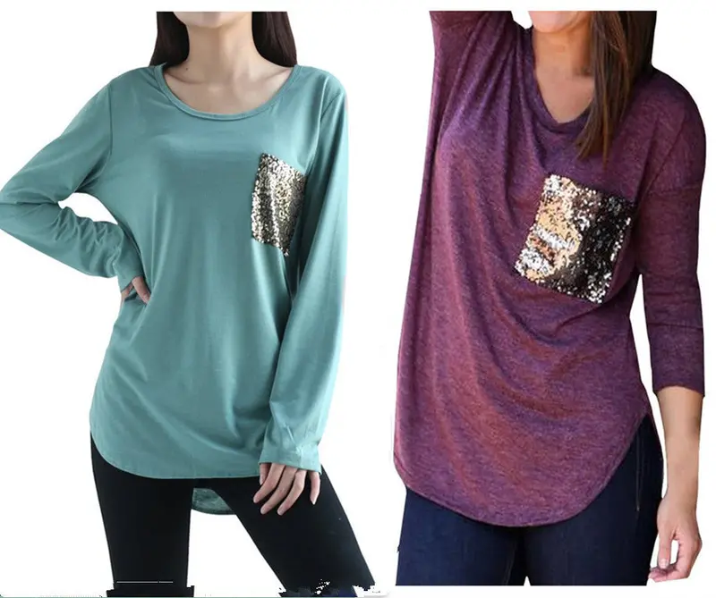 Women's Casual Sequins Pocket T Shirt O Neck Long Sleeve Loose Tops Pullover Solid T-Shirts Plus Size M0185 6