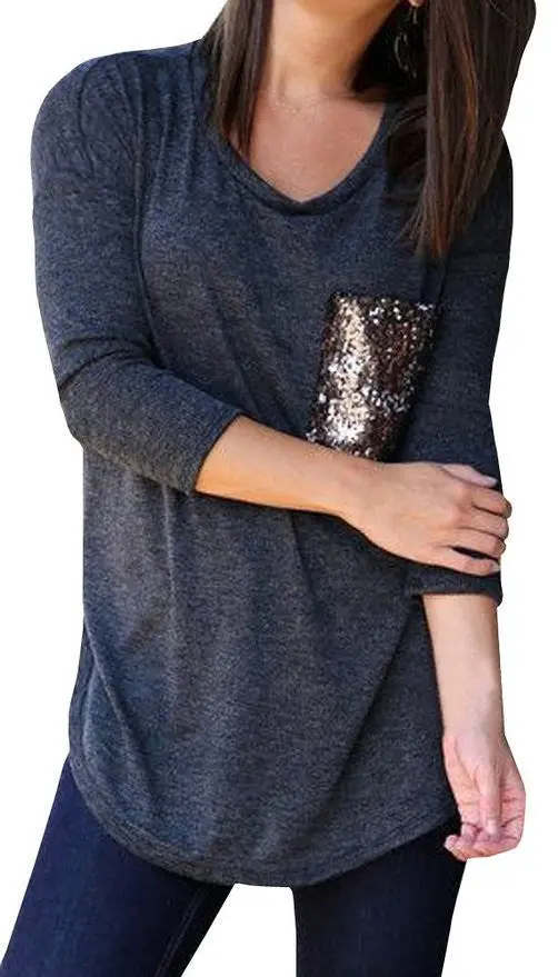 Women's Casual Sequins Pocket T Shirt O Neck Long Sleeve Loose Tops Pullover Solid T-Shirts Plus Size M0185 7