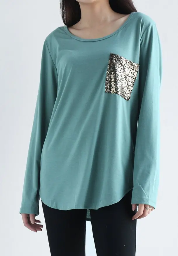 Women's Casual Sequins Pocket T Shirt O Neck Long Sleeve Loose Tops Pullover Solid T-Shirts Plus Size M0185 8