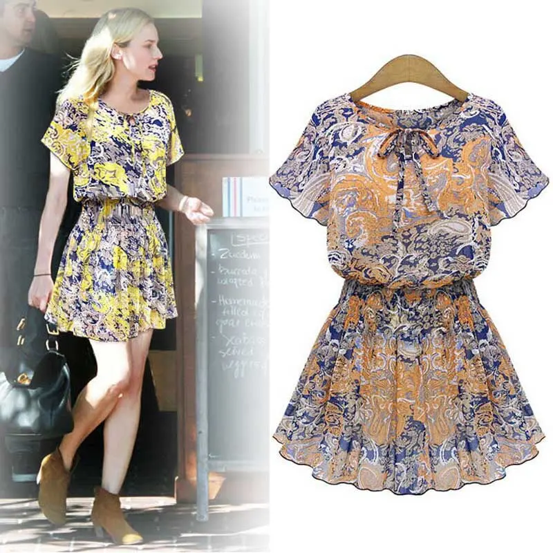 Womens Casual Slim Chiffon Short Sleeve Floral Printing Party Dresses Feida 1