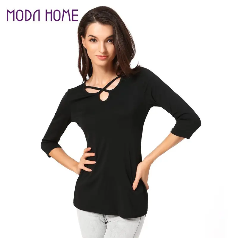 Womens Casual Tees T Shirt Tops Ladies Black Crisscross 3/4 Sleeve Elegant Ladies Cut Out T-Shirt Blusass 1