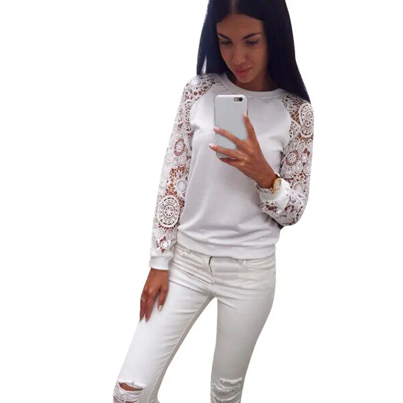 Womens Casual Women Lace Long Sleeve Shirt Casual Lace Loose Cotton Tops Shirt Femininas Blusas Femininas 1