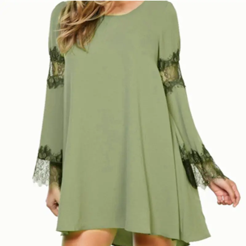 Womens Clothing Dress Lace Long-Sleeved Army Green Dress Stitching Plus Size Feida 1