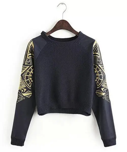 Women's Contrast Color Geometric Embroidery Knit Crew Neck Patchwork Long Sleeve Short Sweater Pullover 1