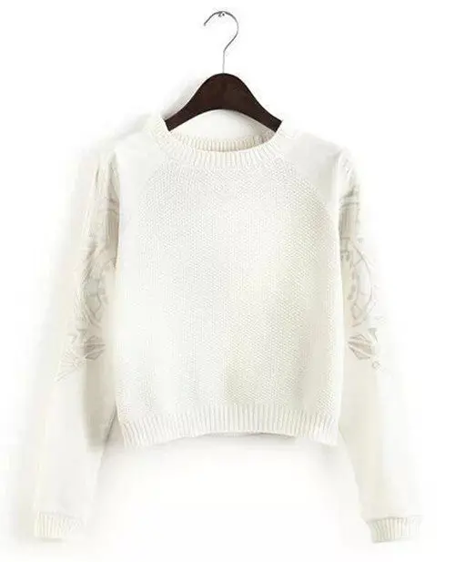Women's Contrast Color Geometric Embroidery Knit Crew Neck Patchwork Long Sleeve Short Sweater Pullover 3