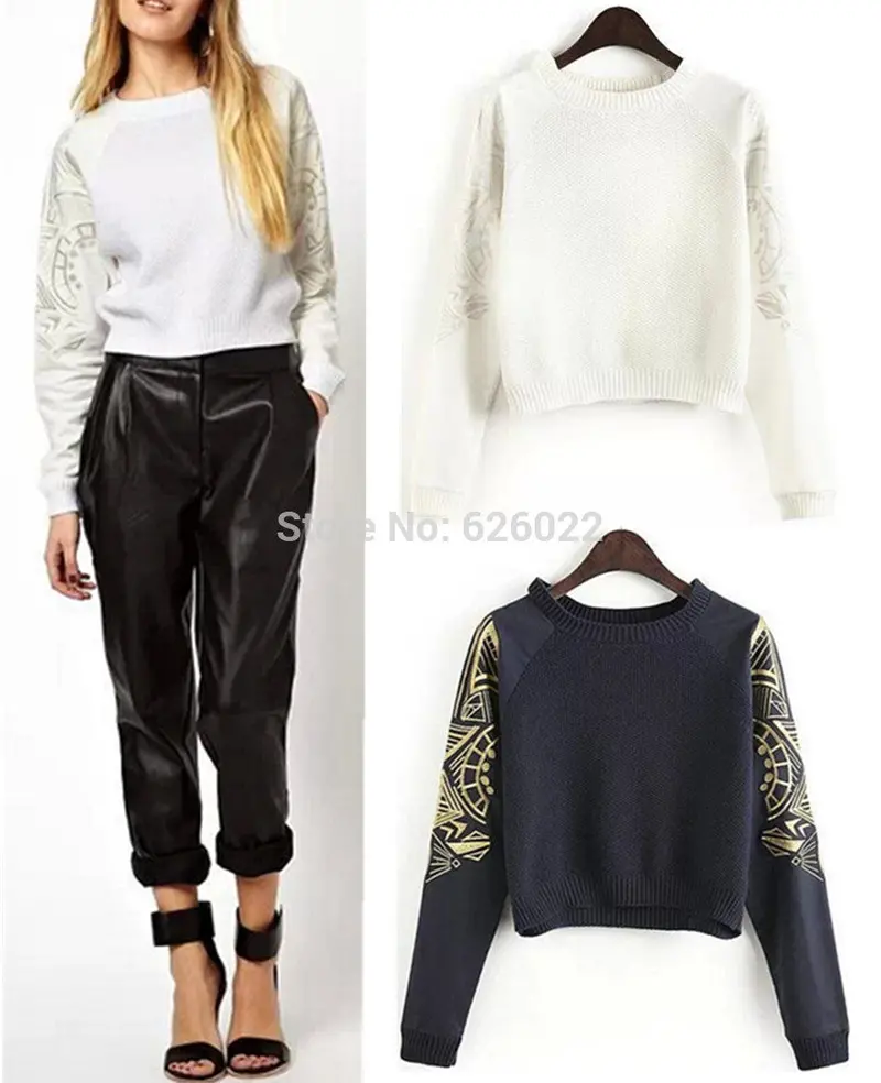 Women's Contrast Color Geometric Embroidery Knit Crew Neck Patchwork Long Sleeve Short Sweater Pullover 3