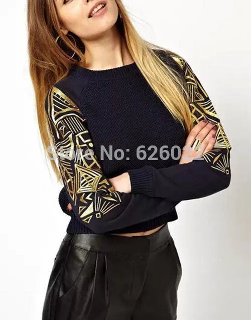 Women's Contrast Color Geometric Embroidery Knit Crew Neck Patchwork Long Sleeve Short Sweater Pullover 4