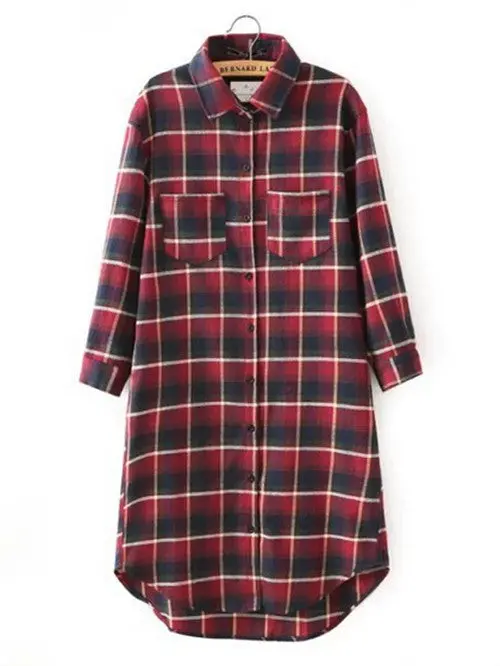 Women's Contrast Color Plaid Lapel 3/4 Sleeve 2 Pockets On Front Cotton Long Shirts Slim Casual Blouse Tops 1