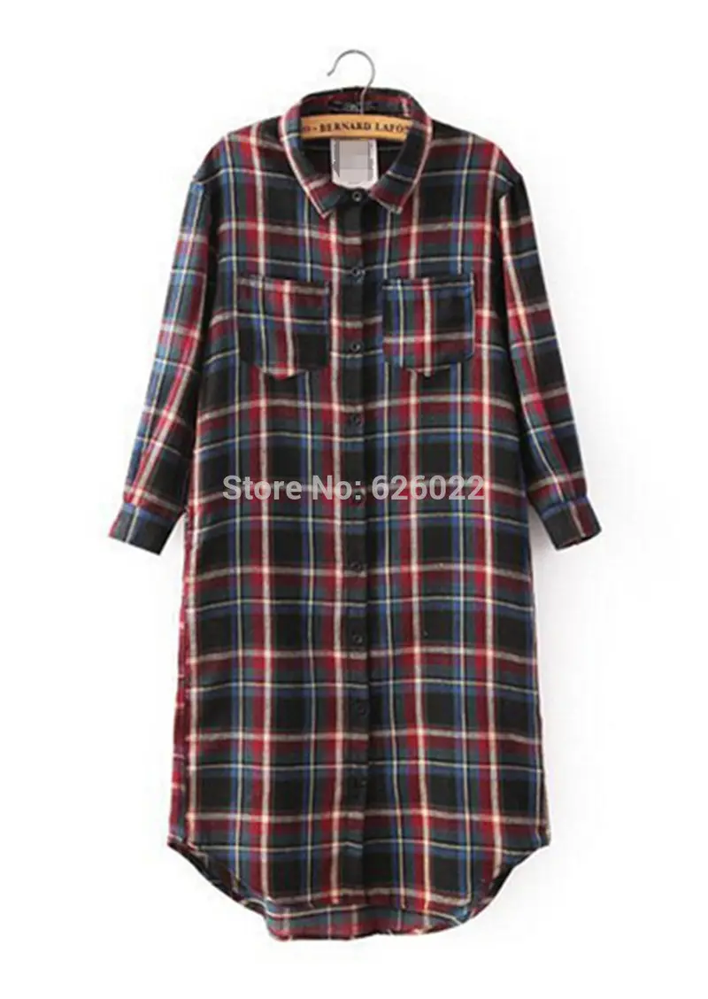 Women's Contrast Color Plaid Lapel 3/4 Sleeve 2 Pockets On Front Cotton Long Shirts Slim Casual Blouse Tops 3
