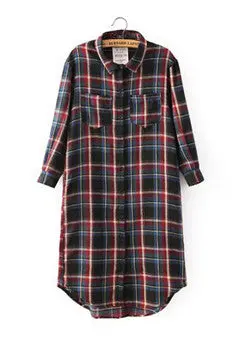Women's Contrast Color Plaid Lapel 3/4 Sleeve 2 Pockets On Front Cotton Long Shirts Slim Casual Blouse Tops 4