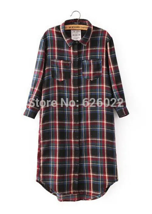 Women's Contrast Color Plaid Lapel 3/4 Sleeve 2 Pockets On Front Cotton Long Shirts Slim Casual Blouse Tops 4