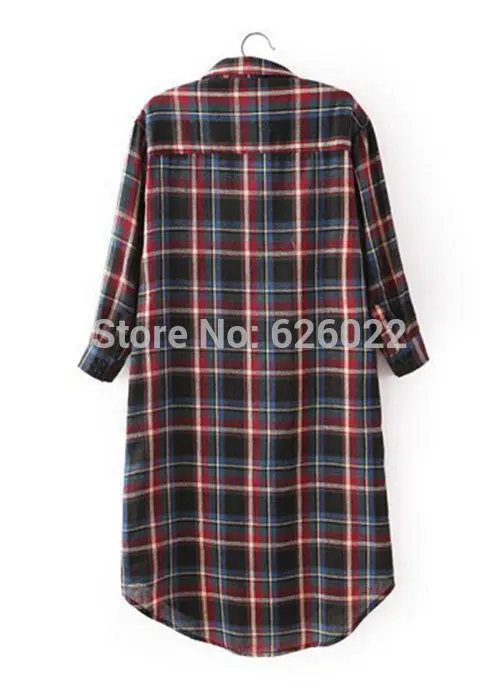 Women's Contrast Color Plaid Lapel 3/4 Sleeve 2 Pockets On Front Cotton Long Shirts Slim Casual Blouse Tops 5