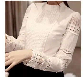 Women's Cotton Shirts Long-Sleeved Blouses Slim Basic Tops Hollow Lace Shirts For J2531 1