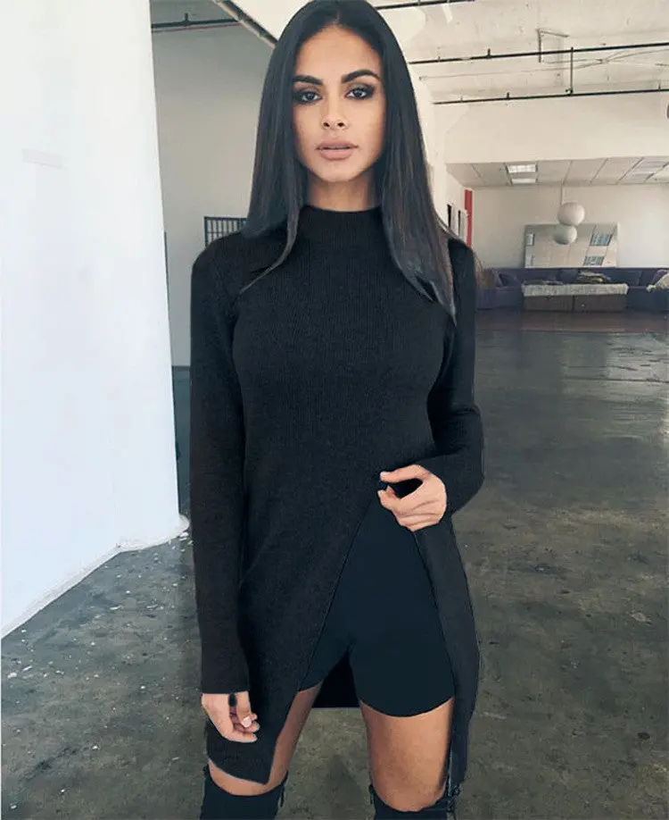 Women's Cotton Side Split Pullovers Long Sleeved O Neck Solid Long Sweater Tops Plus Size 3 Colors Lx097 1