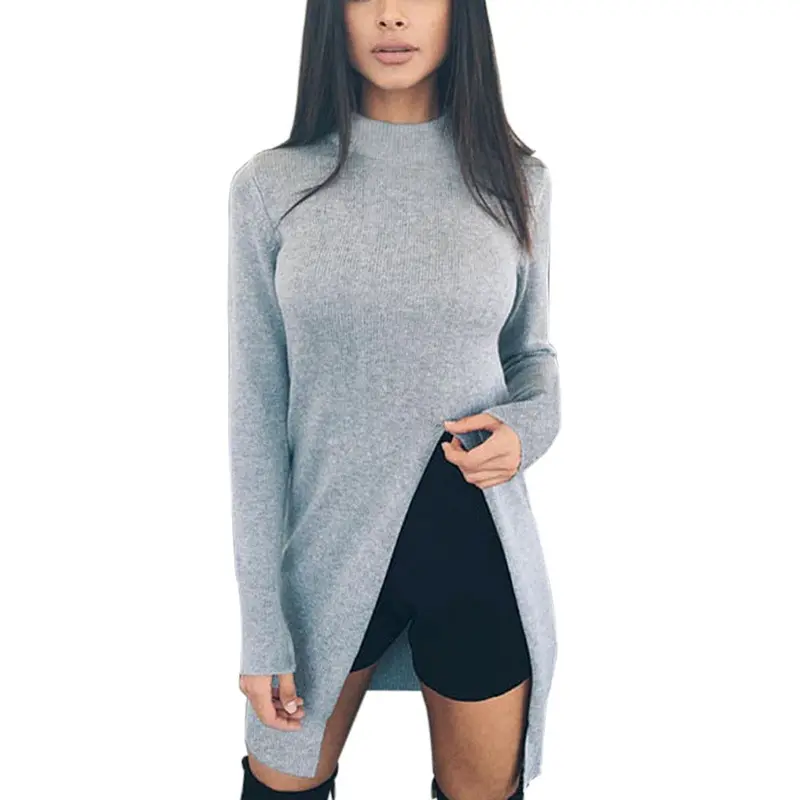 Women's Cotton Side Split Pullovers Long Sleeved O Neck Solid Long Sweater Tops Plus Size 3 Colors Lx097 4